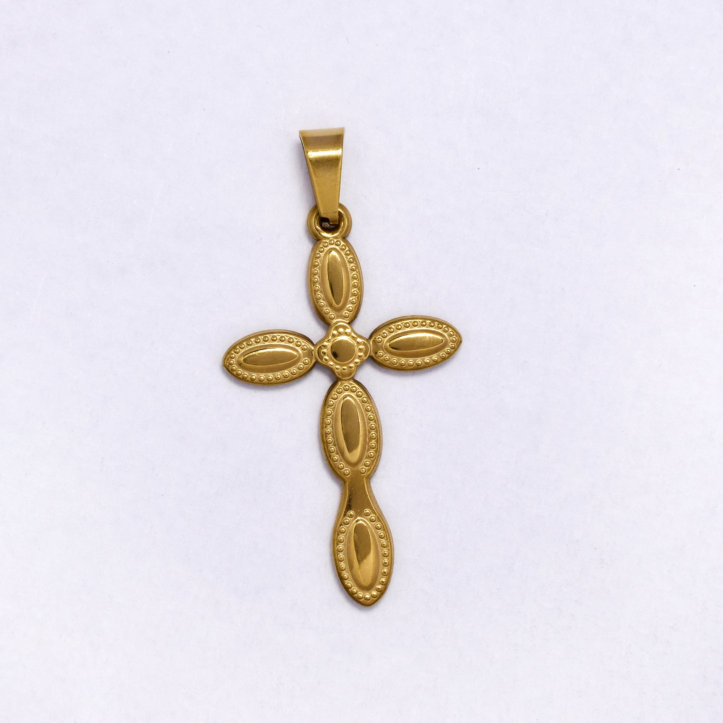 SSYP7190 - Steel 35mm x 20mm oval segment cross pendant with beaded edge