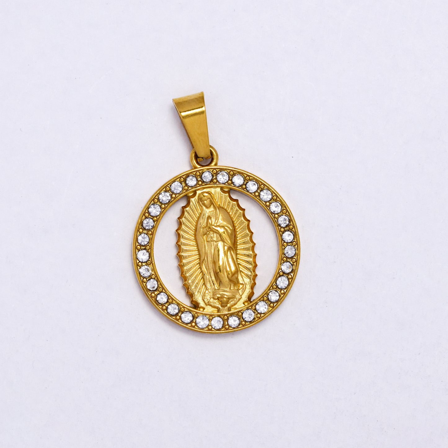 SSYP7204 - Steel 20.5mm Virgin Mary pendant with round CZ border