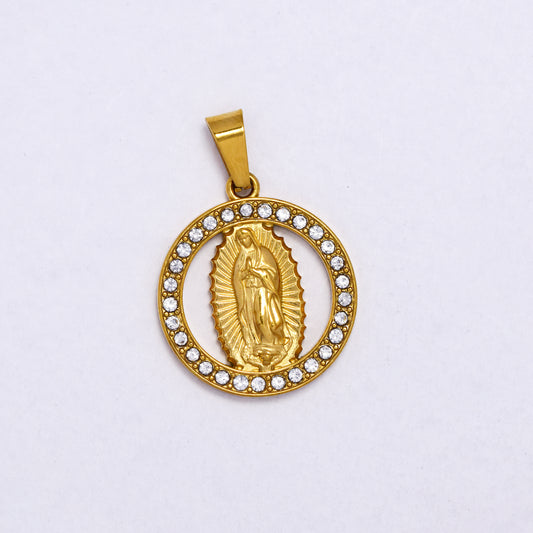 SSYP7204 - Steel 20.5mm Virgin Mary pendant with round CZ border