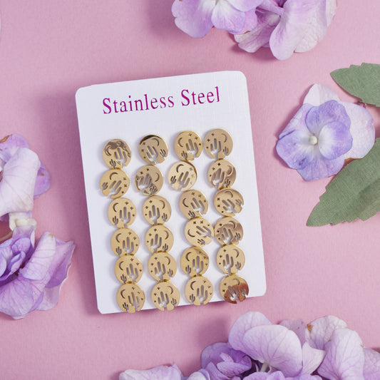 12 Pack stainless steel gold cactus circle studs - SSYPK4685