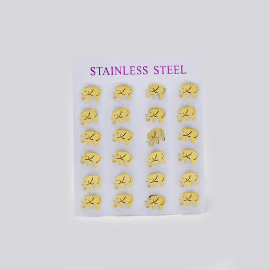 Stainless steel gold Elephant with thin trunk 12 pack studs - SSYPK5491