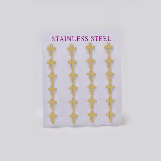 Stainless steel gold plain cross 12 pack studs - SSYPK5509