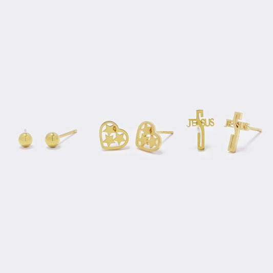 Stainless steel 3 pack ball and Jesus cross and stars in heart gold studs - SSYE5532