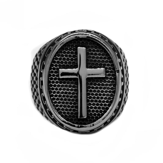 Stainless steel signet cross statement ring