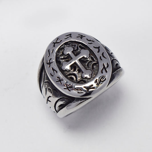 Stainless steel signet cross detailed ring - Size P