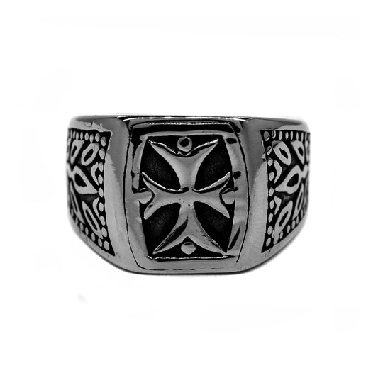 Stainless steel cross and leafy pattern signet ring