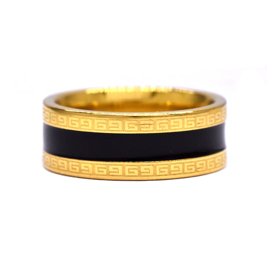 Stainless steel black stripe Grecian edge pattern ring - SSYR2230