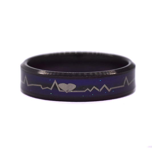 Stainless steel black and blue plated heart lifeline ring - SSYR2257