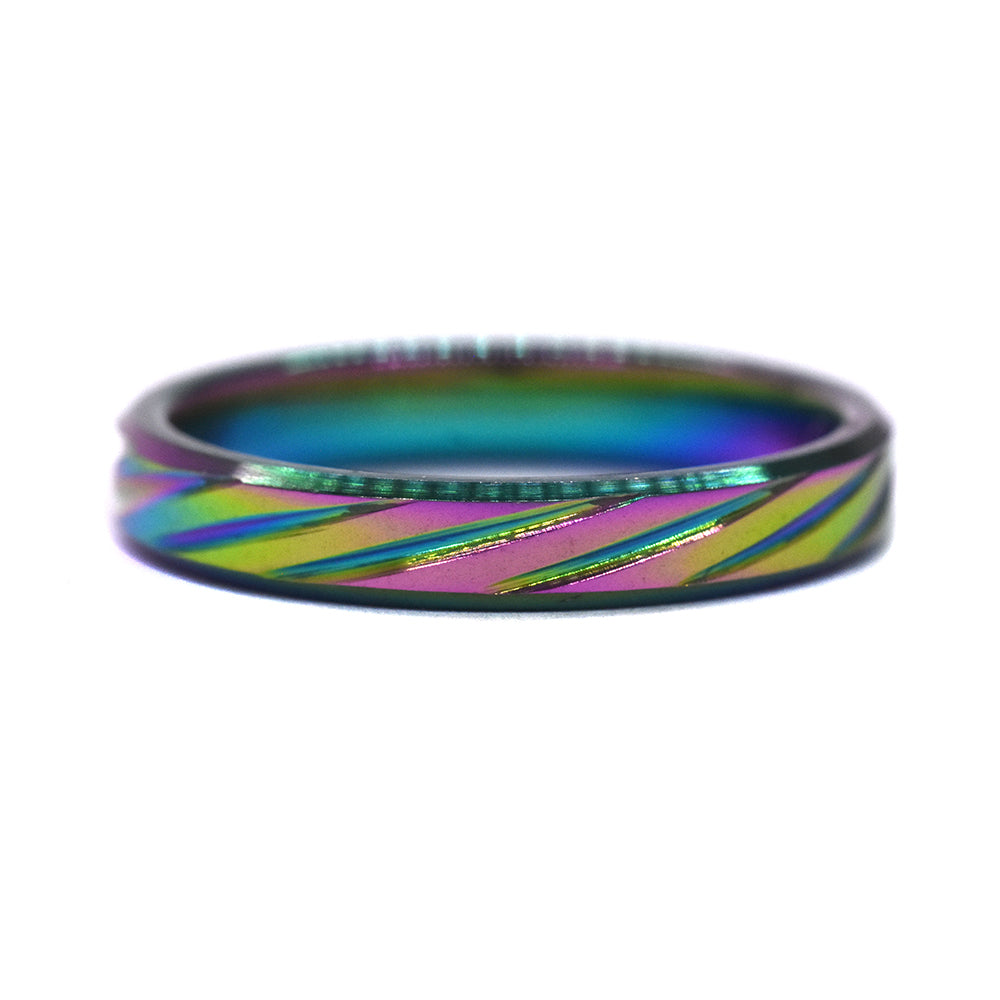 Stainless steel multi colour diagonal engraved stripe ring - SSYR2264