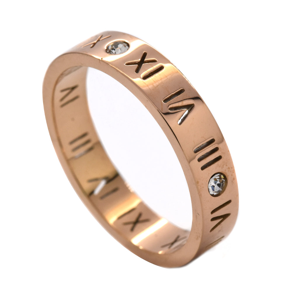 Stainless steel rose gold roman numeral CZ ring - SSYR3553