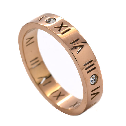 Stainless steel rose gold roman numeral CZ ring - SSYR3553