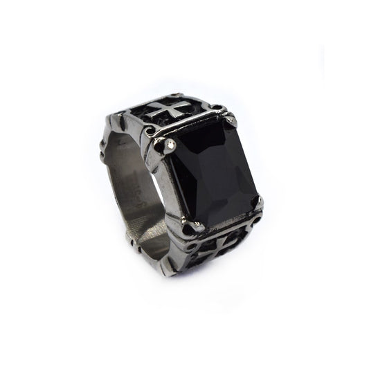Stainless steel signet black stone with cross design ring - SSYR3595