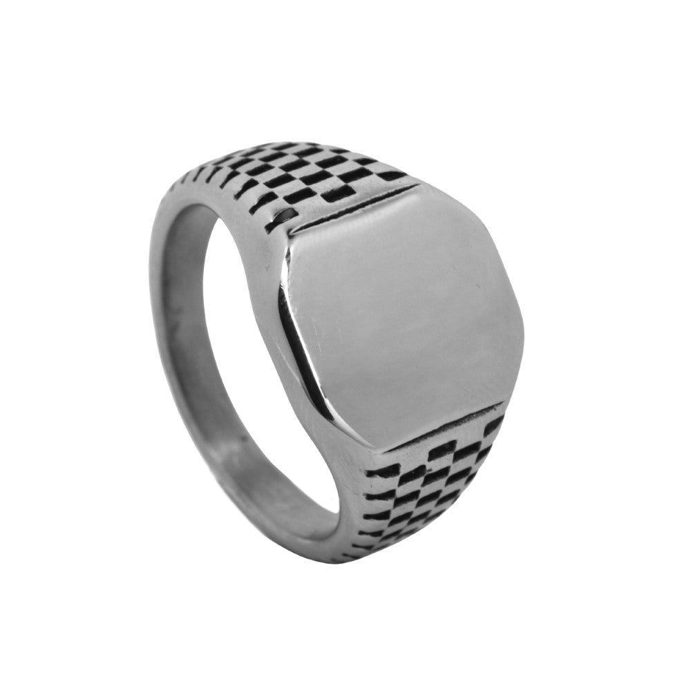 Stainless steel checkered shank signet ring - Size R - SSYR3596