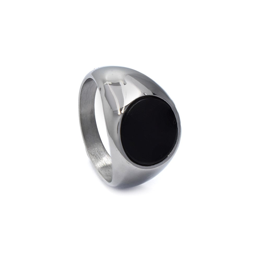 Stainless steel black enamel round signet ring - SSYR4517