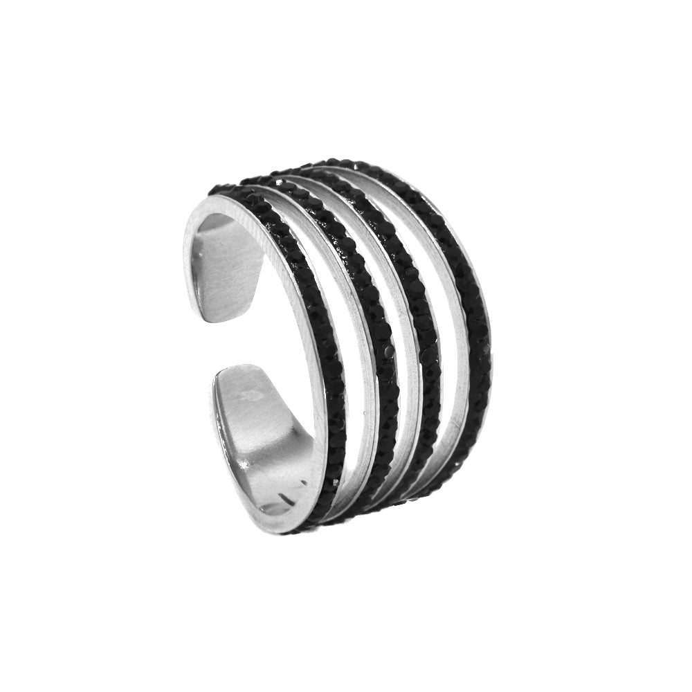 Stainless stee open ring with black stones - SSYR4633