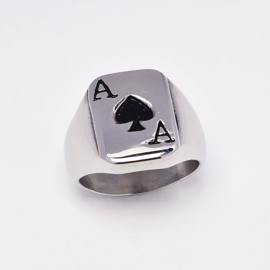 Stainless steel signet ring with Ace of Spade detail - Size R - SSYR4946