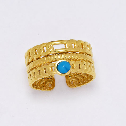 Stainless steel 3-in-1 free size ring with turquoise enamel stone - SSYR5291