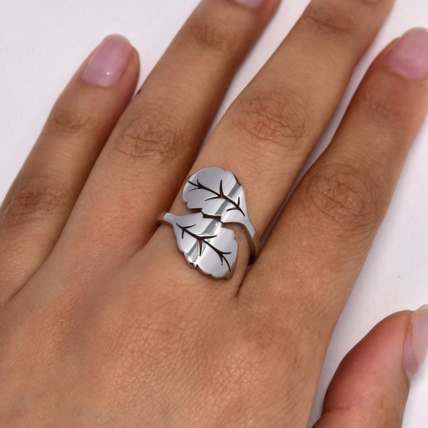Steel double leaf silver ring - SSYR5642