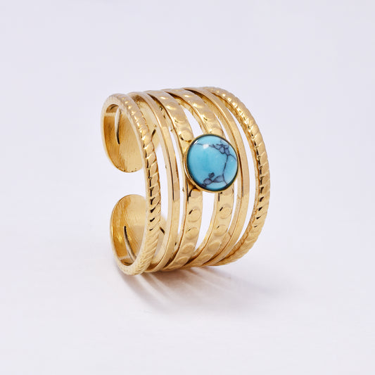 SSYR7077 - Steel 15mm multi strand turquoise stone open ring