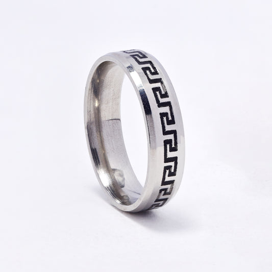 SSYR7156 - Steel 6mm wide two tone grecian pattern ring