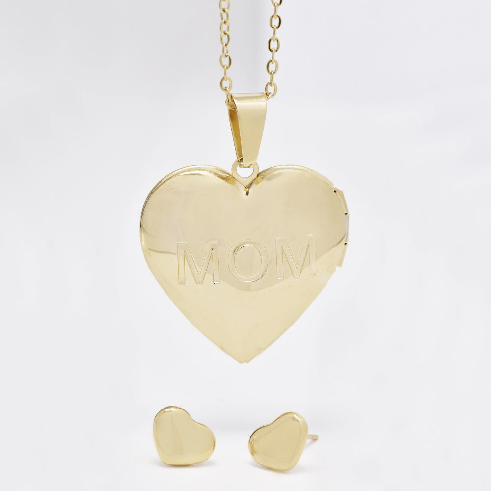 Stainless steel MOM heart locket necklace and stud earring set - SSYST4851