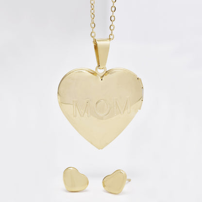 Stainless steel MOM heart locket necklace and stud earring set - SSYST4851