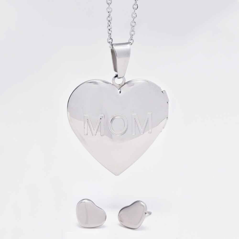 Stainless steel MOM heart locket necklace and stud earring set - SSYST4851