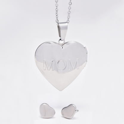 Stainless steel MOM heart locket necklace and stud earring set - SSYST4851