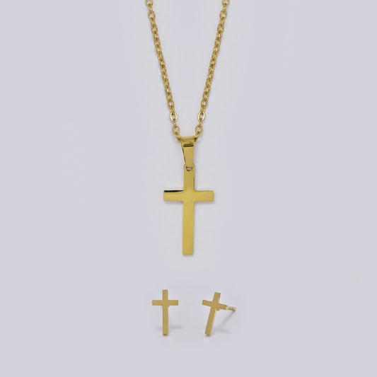 Stainless steel cross necklace and stud set - SSYST5364