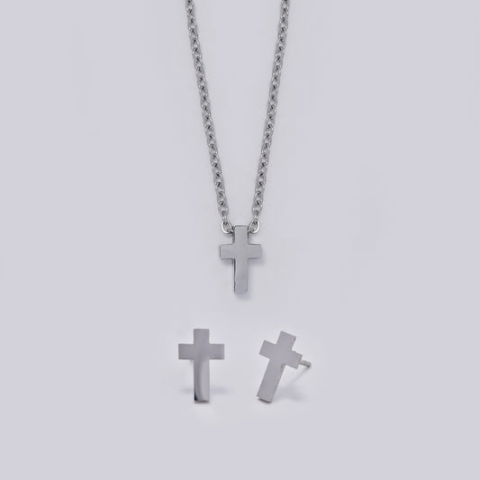 Stainless steel 43+5cm cross necklace and stud earring set - SSYST5436