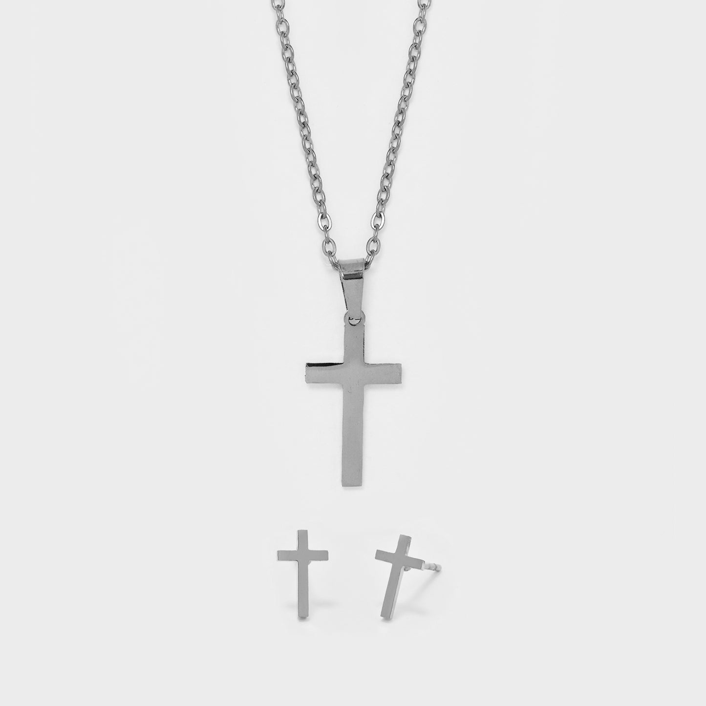 Stainless steel cross necklace and stud set - 45cm chain, 10mm stud - SSYST5865