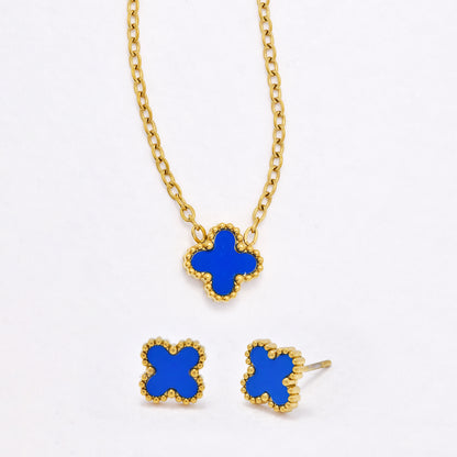 SSYST6559 - St Steel 40cm + 5cm small four-leaf clover necklace & earring set