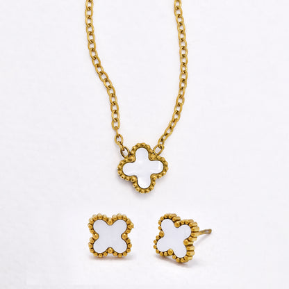 SSYST6559 - St Steel 40cm + 5cm small four-leaf clover necklace & earring set