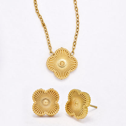 SSYST6560 - St Steel 40cm + 5cm medium four-leaf clover earring and necklace set