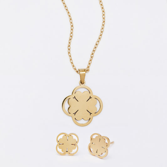 SSYST7414 - Steel 44cm four-leaf clover necklace & earring set