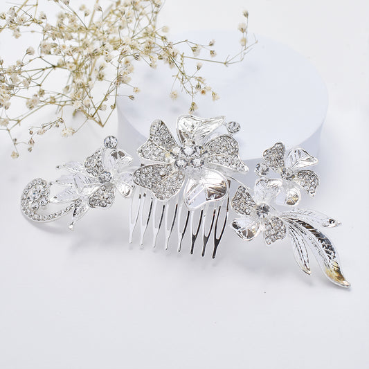 Statement crystal flower and plain leaf hair comb - ABH1059