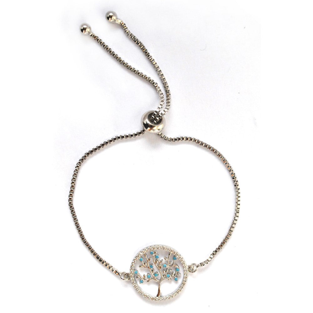 Premium fashion rhodium blue cubic zirconia tree of life circle slide adjustable bracelet