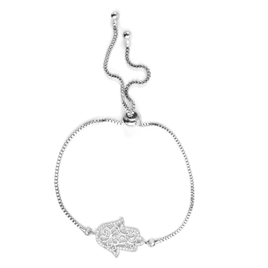Premium fashion rhodium cubic zirconia Hamsa slide adjustable bracelet