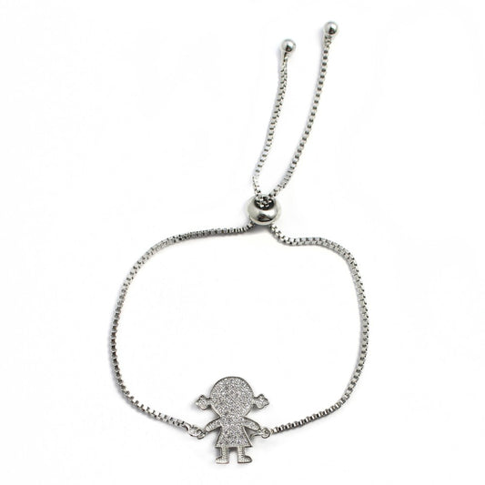 Premium silver pave cubic zirconia girl figurine slide adjustable  bracelet