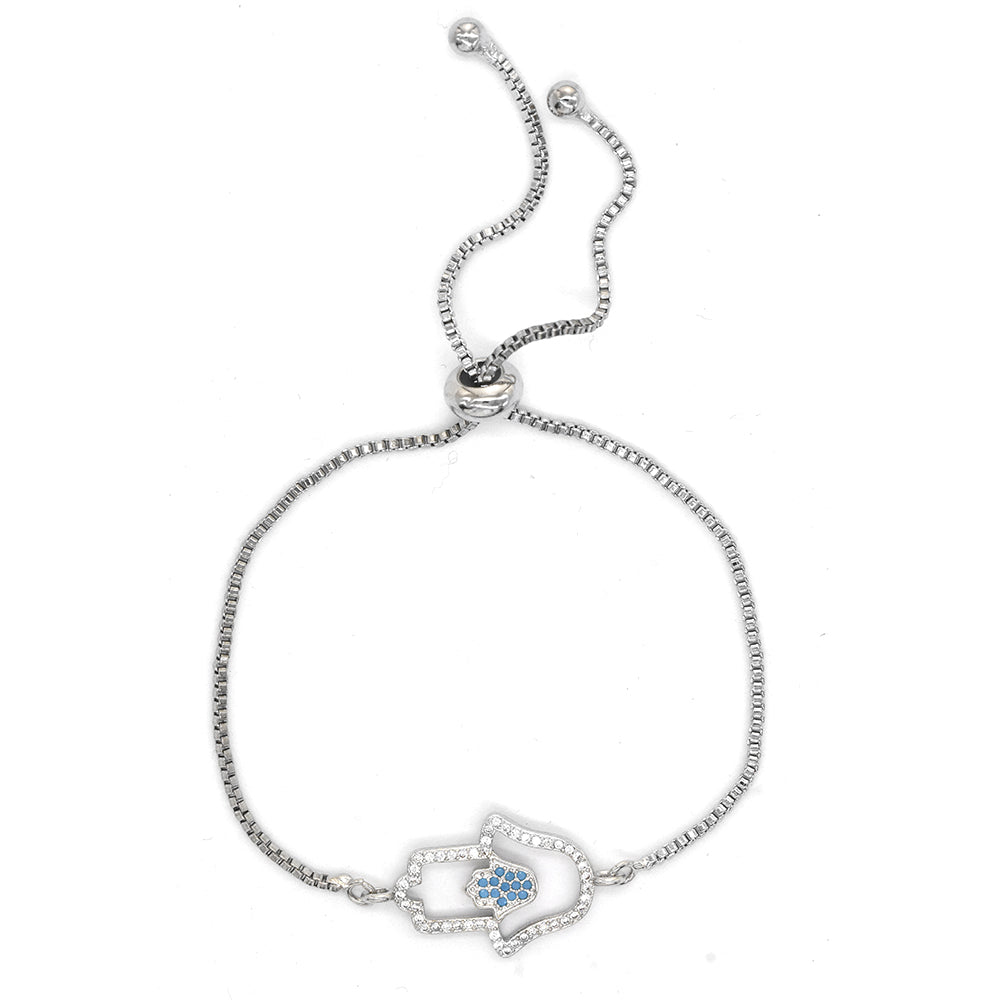 Premium turquoise cubic zirconia Hamsa hand silver plated slide adjustable bracelet