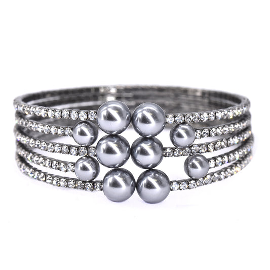 Fashion gun metal 5 stack black pearl and clear crystal bracelet - VB6086