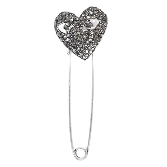 Silver plated oxidized large heart safety pin brooch