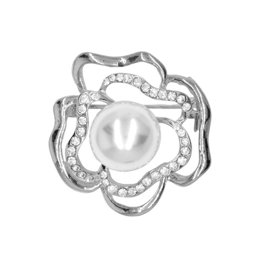 Silver plated matte with pearl and crystal cutout flower brooch