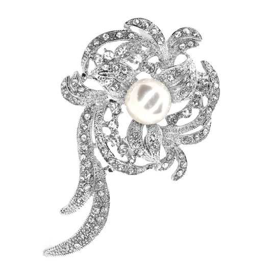 Silver plated crystal pearl flower brooch