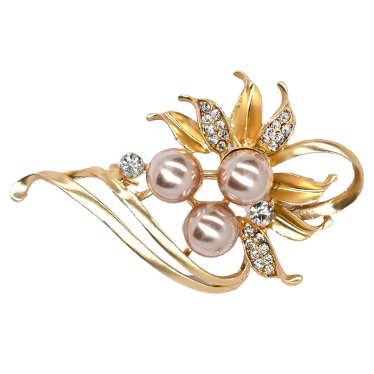 Gold plated blush pearl and crystal leaf brooch