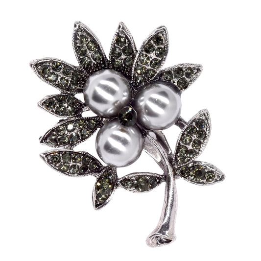 Silver plated crystal flower with grey pearl brooch