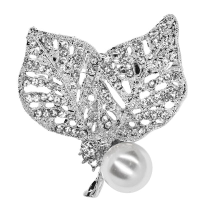 Large double leaf crystal and pearl brooch