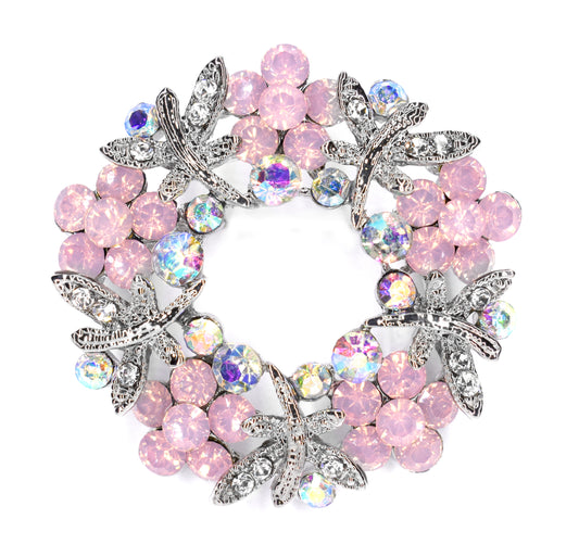 Dragonfly and pink crystal flower wreath brooch