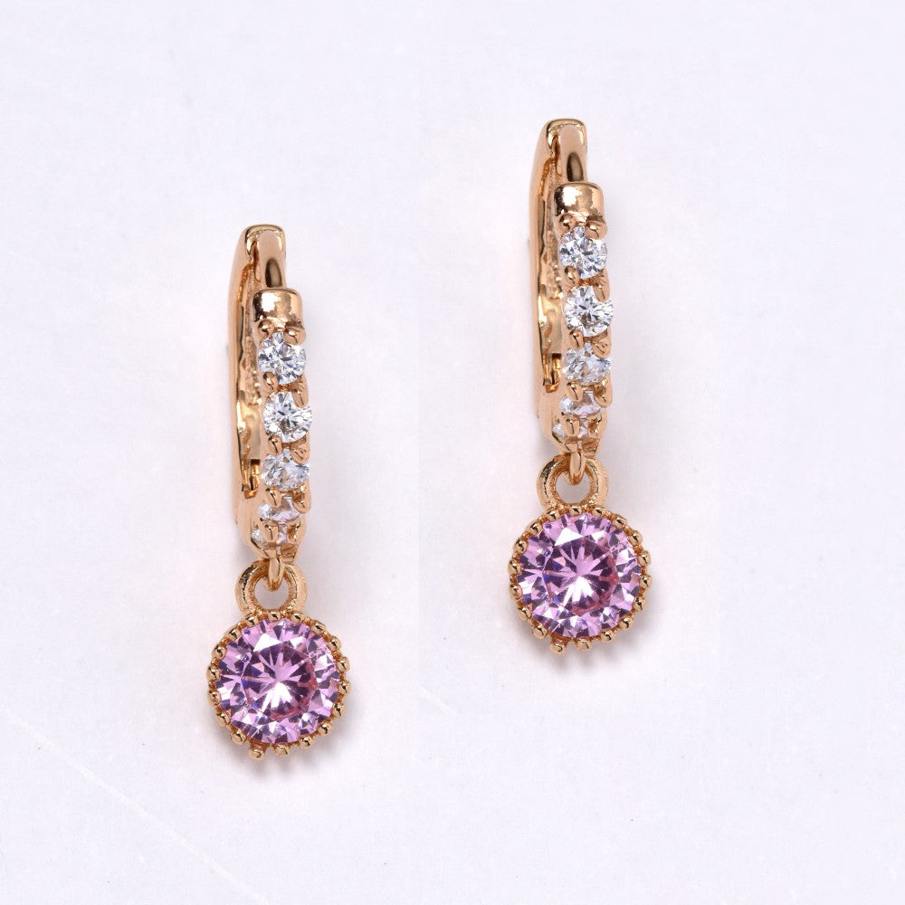 VE7229 - Premium brass cubic zirconia drop huggies with pink stone earrings