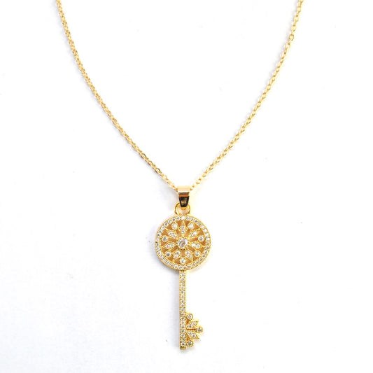 Premium gold plated round key cubic zirconia necklace